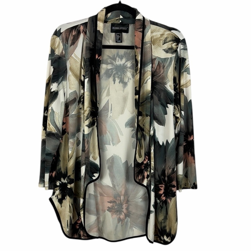 Frank Lyman Floral Open Front Black Trim Jacket Cardigan Size 12 Lightweight